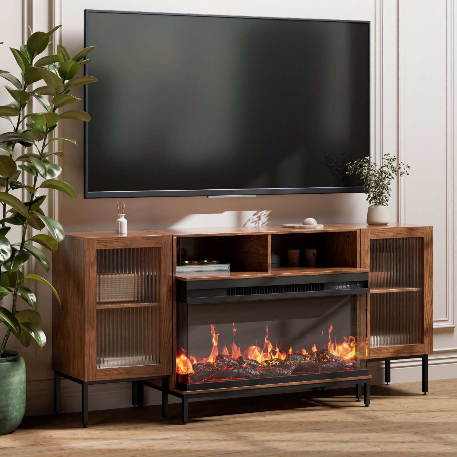 Latitude Run 3 sided Glass Fireplace Tv Stand For Tvs Up To 75 With 12 Color Media Entertainment Center Console Table With Glass Doors Closed Storage Dark Brown Wayfair